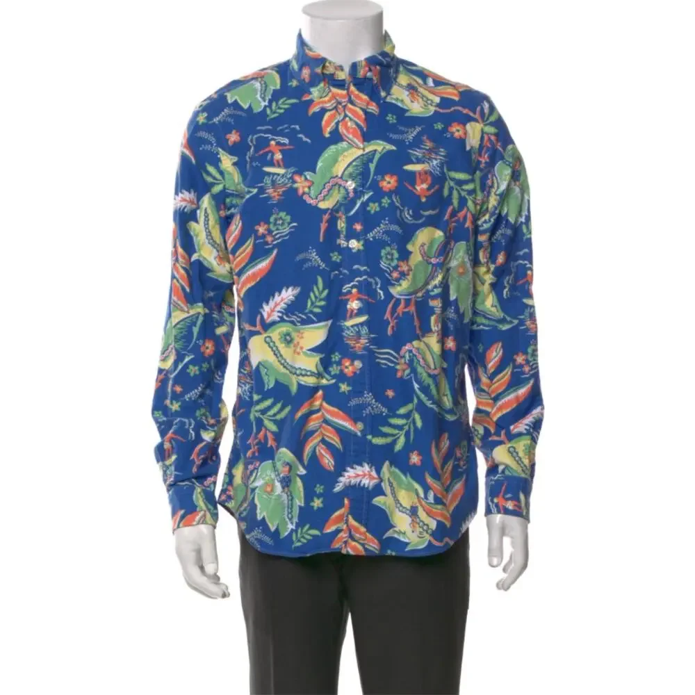 Ralph Lauren Blue Hawaiian Floral Tropical Button Down Shirt